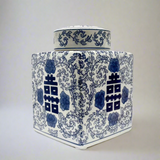 Blue & White Ceramic Double Happiness Jar With Lid - Thorn and Burrow