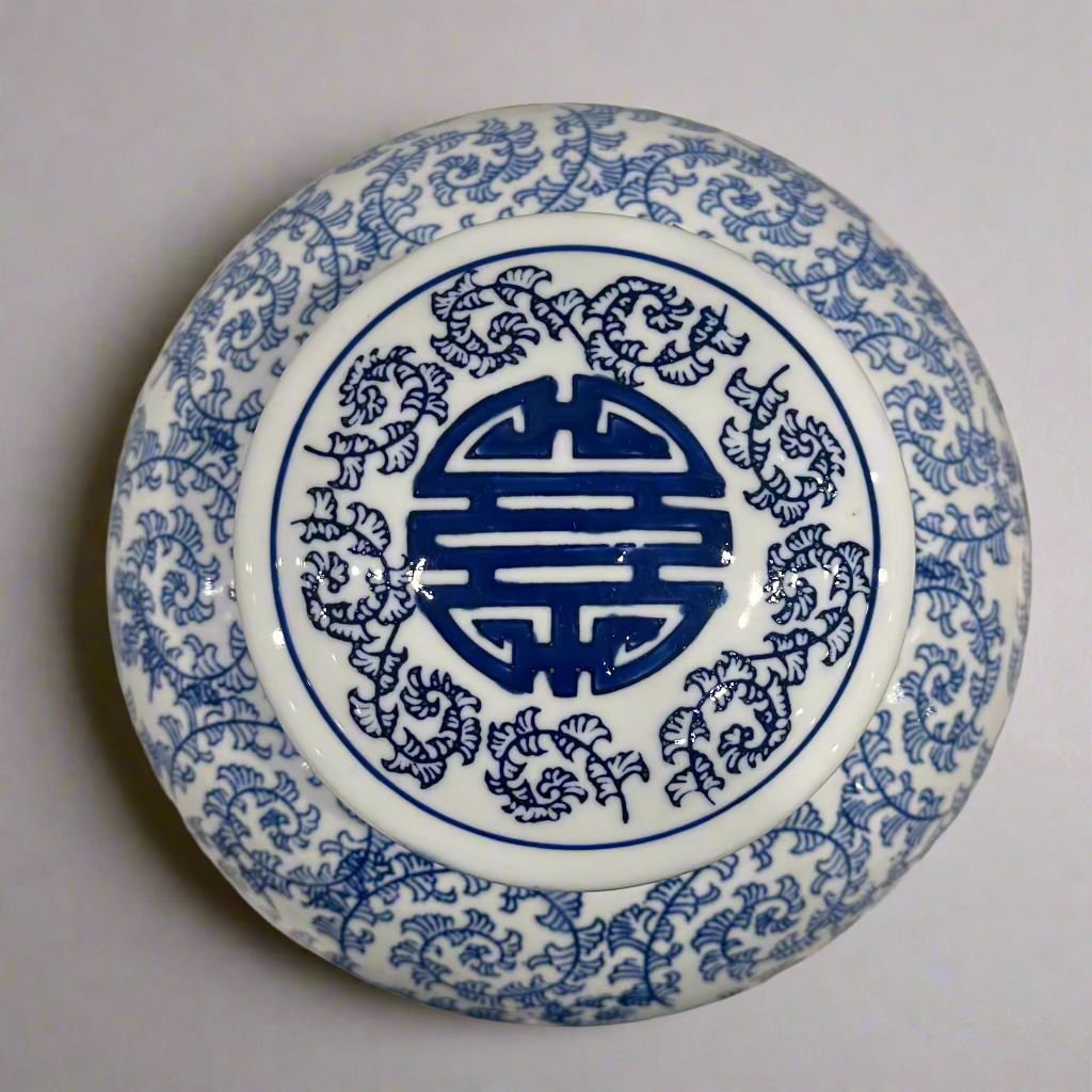 Blue & White Ceramic Double Happiness Jar With Lid - Thorn and Burrow