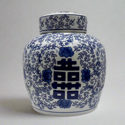 Blue & White Ceramic Double Happiness Jar With Lid - Thorn and Burrow