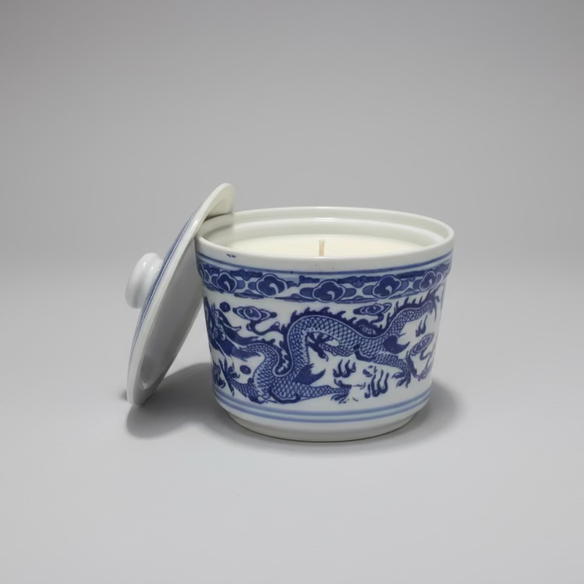 Chinese Blue & White Ceramic Soup Bowl with Lid and Candle