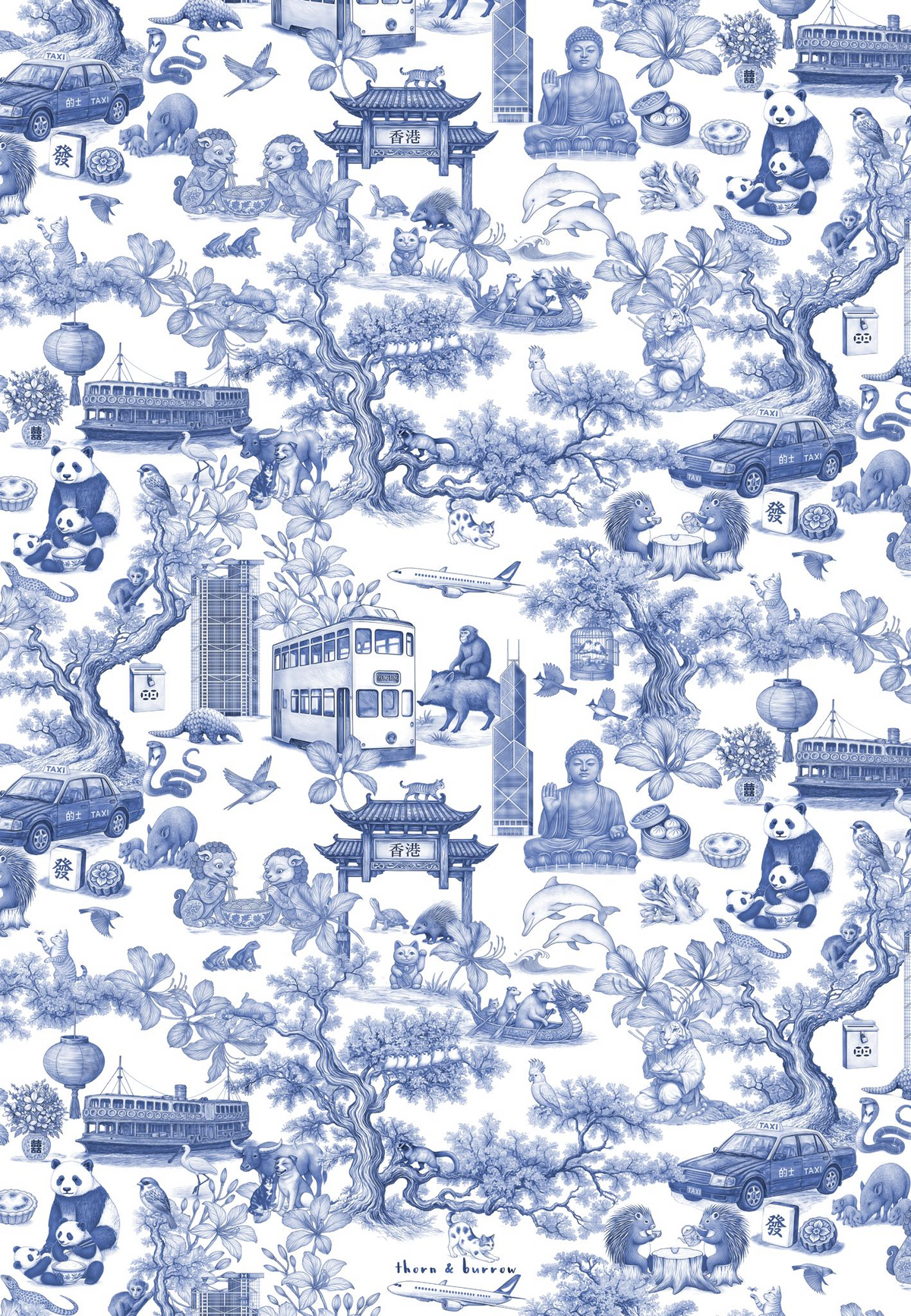 Thorn & Burrow blue Hong Kong Chinoiserie pattern detail