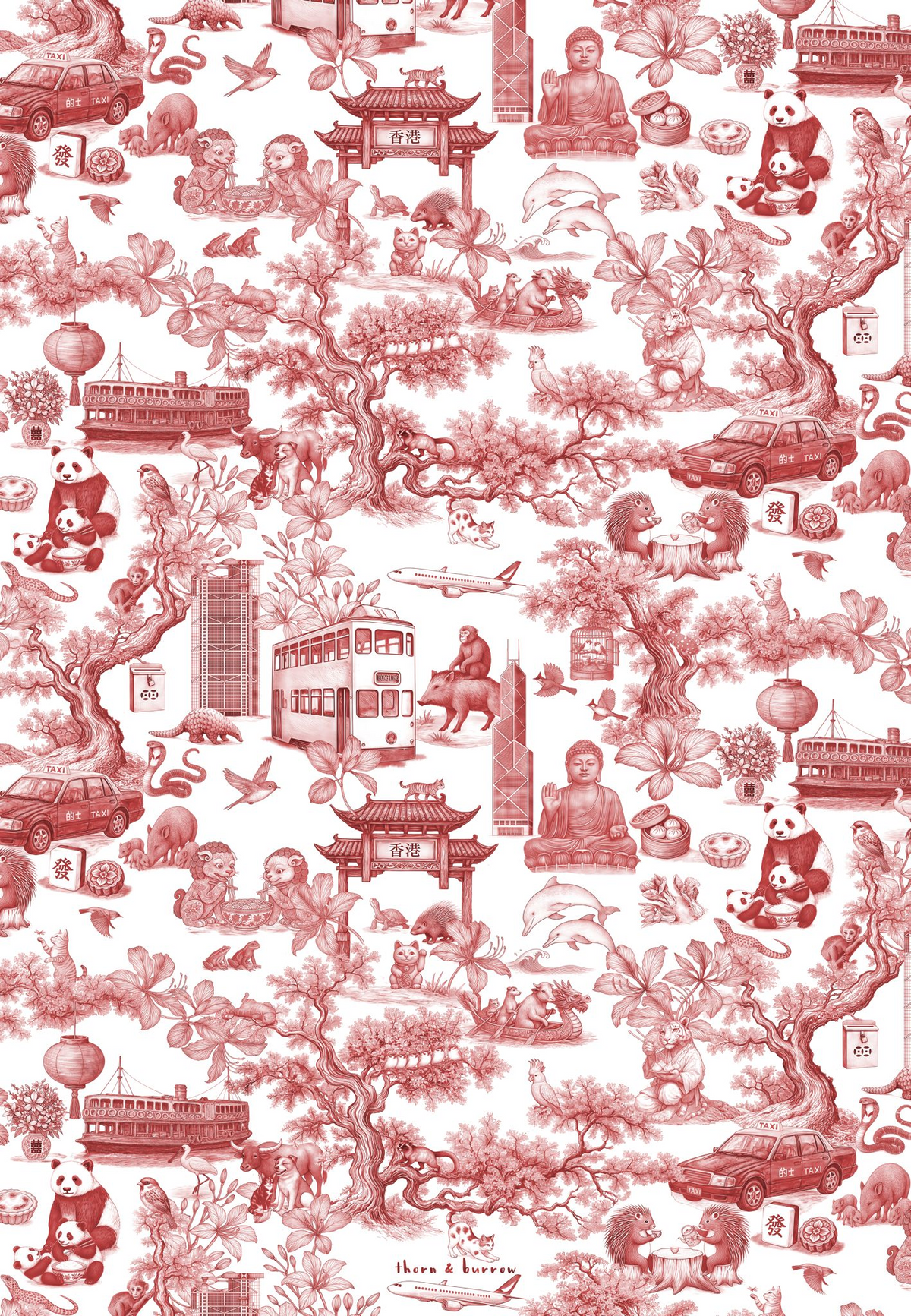 Thorn & Burrow red Hong Kong Chinoiserie pattern detail