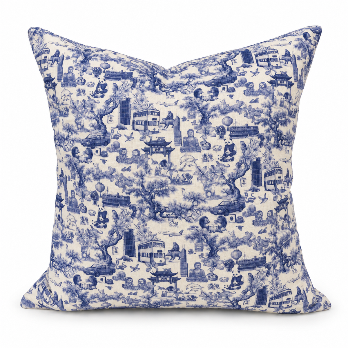 chinoiserie blue cushion cover on a white background