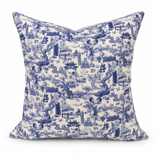 chinoiserie blue cushion cover on a white background