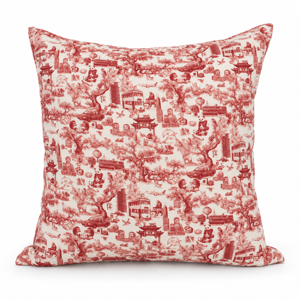 chinoiserie red cushion cover on a white background