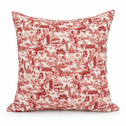 chinoiserie red cushion cover on a white background