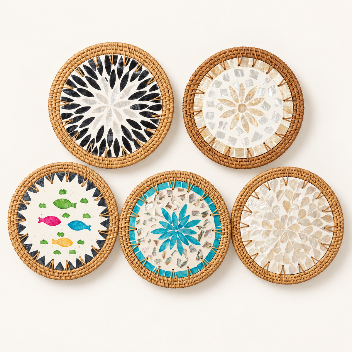 A range of designs from the Woven Rattan and Ceramic Trivets Collection