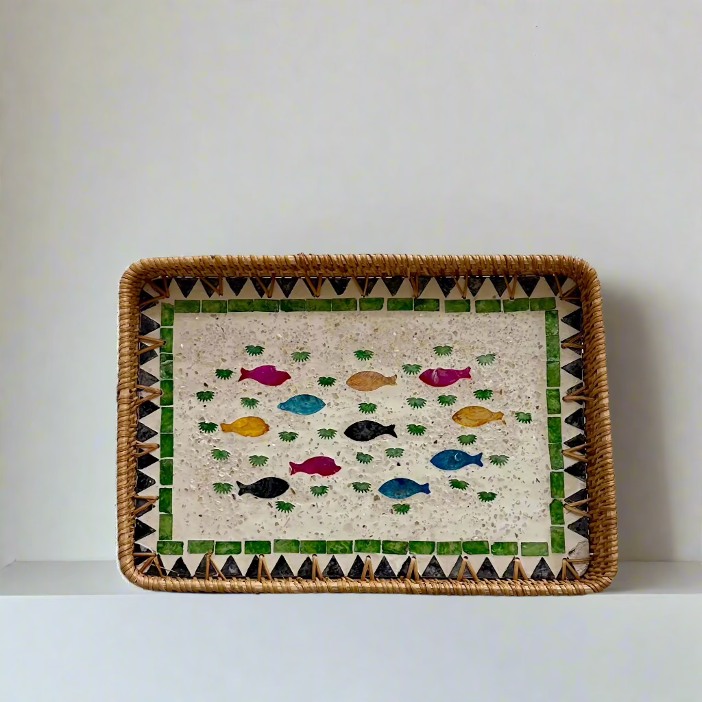 Colourful Fish Shell Inlay Woven Rattan Serving Tray