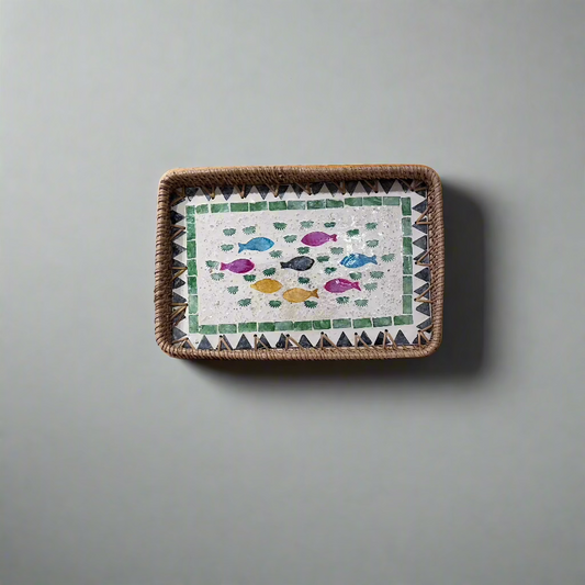 Colourful Fish Shell Inlay Woven Rattan Serving Tray