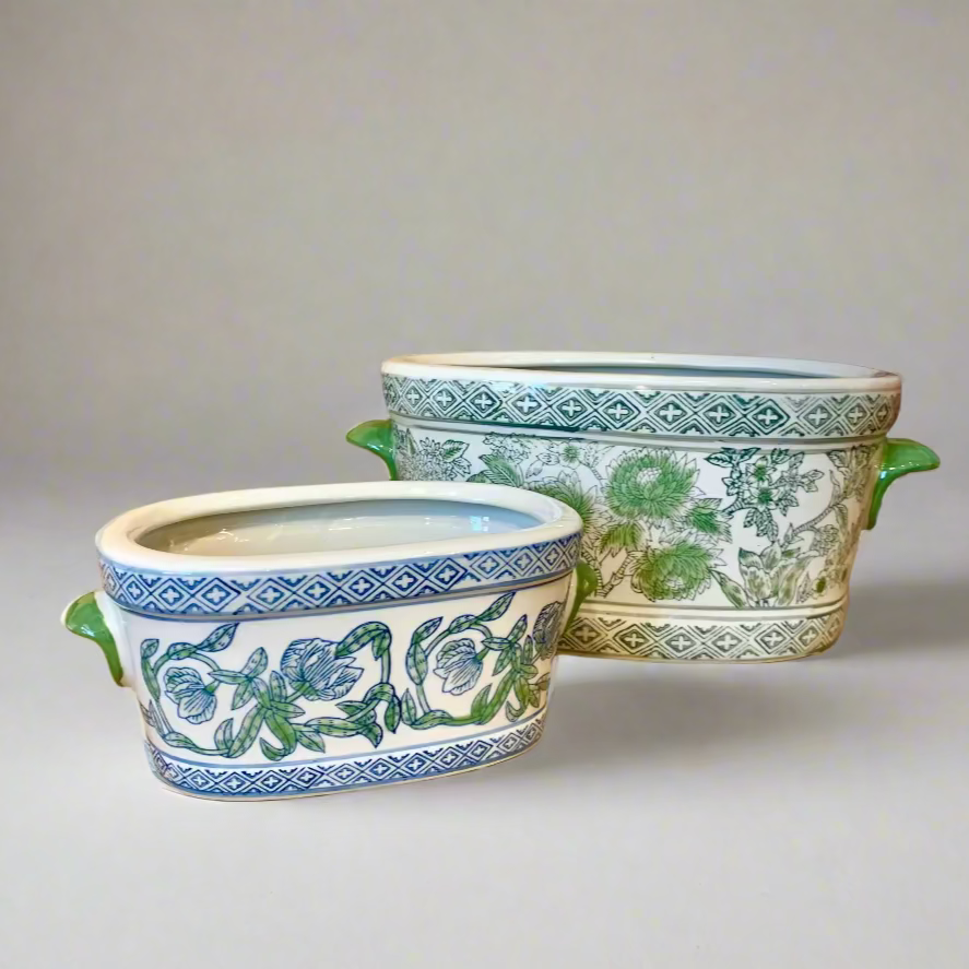 Floral Oval Ceramic Planter Pot with Handles - Thorn and Burrow