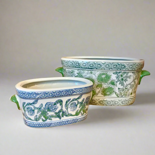 Floral Oval Ceramic Planter Pot with Handles - Thorn and Burrow