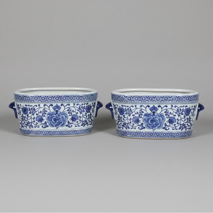 Floral Oval Ceramic Planter Pot with Handles