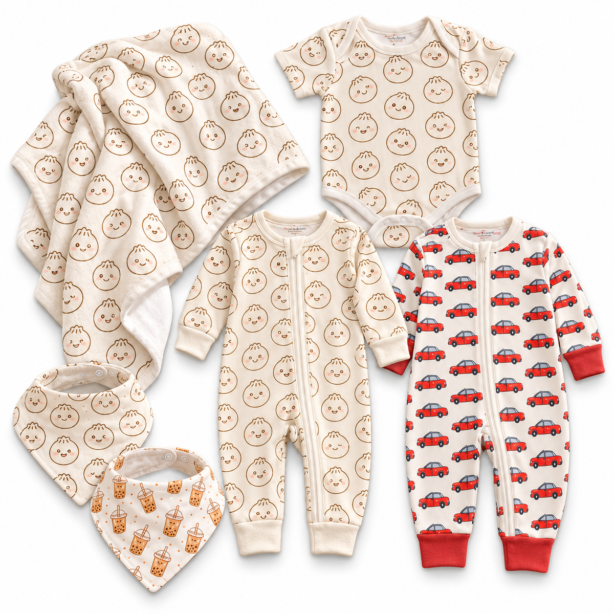 baby product collage on white