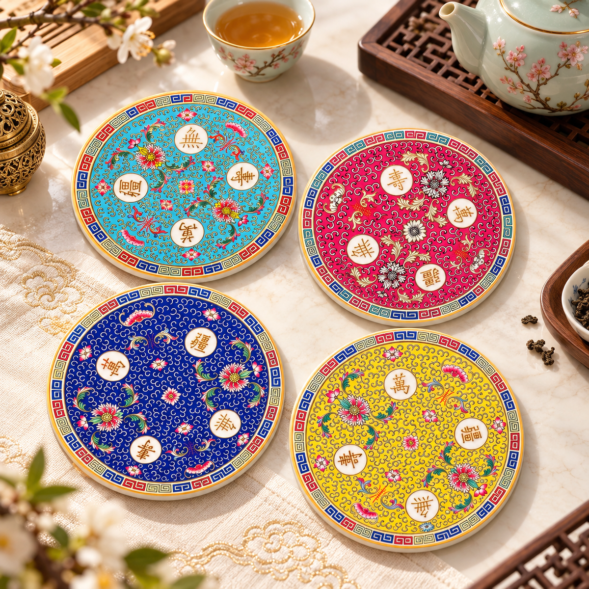Four Blessings glossy ceramic coasters in turquoise, ruby, cobalt and yellow arranged on a tea table