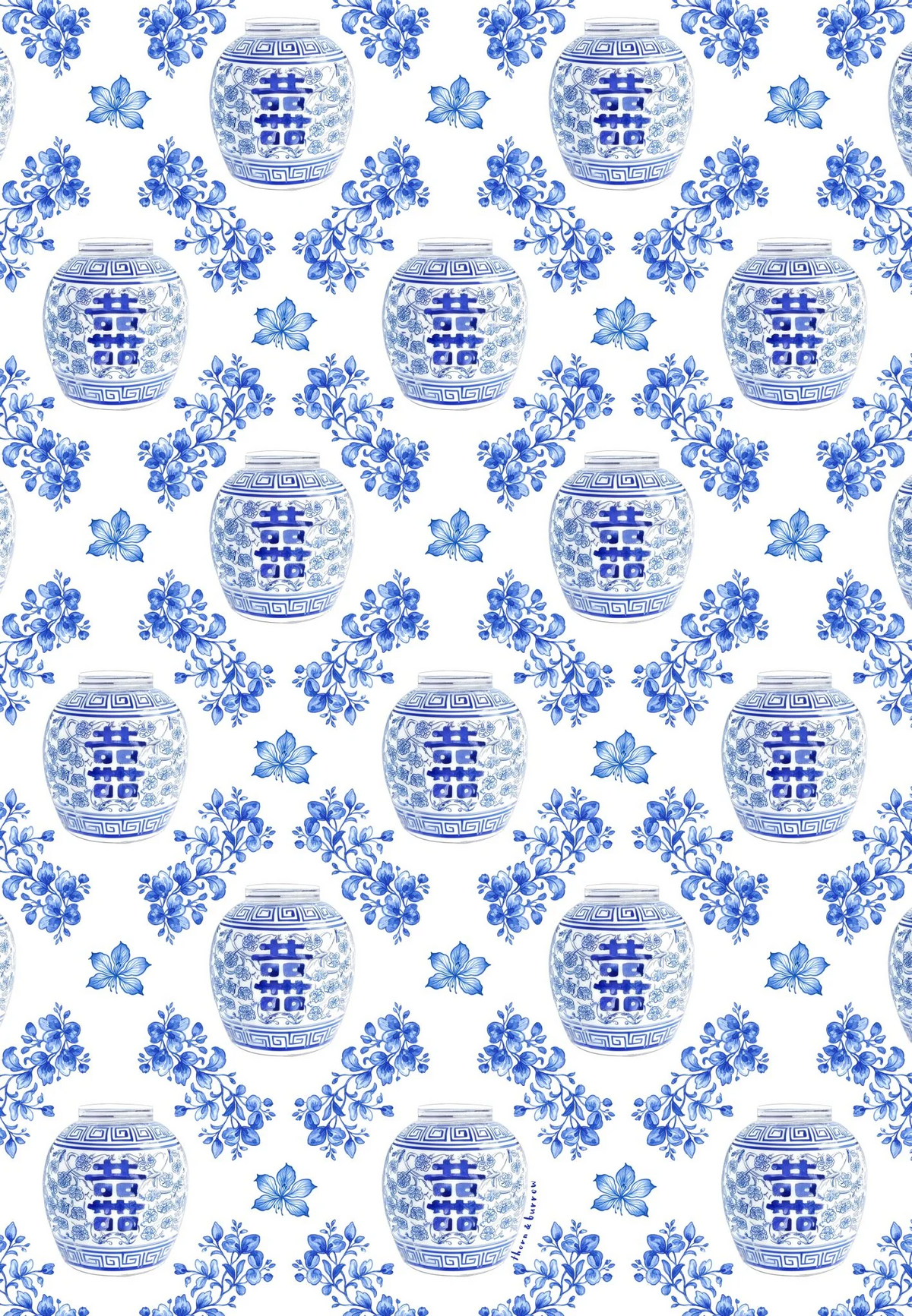 Blue Ginger Jar fabric pattern detail with double happiness jars and flowers on white