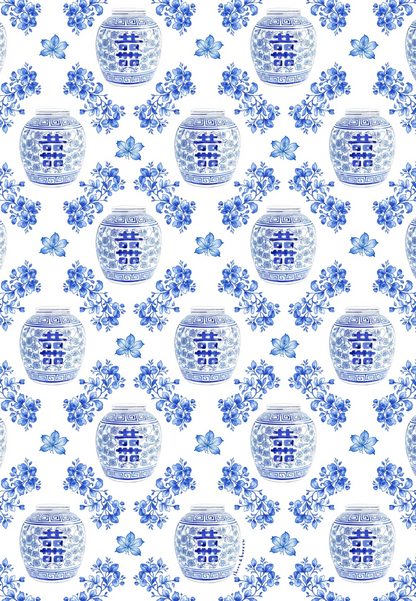 Blue Ginger Jar fabric pattern detail with double happiness jars and flowers on white