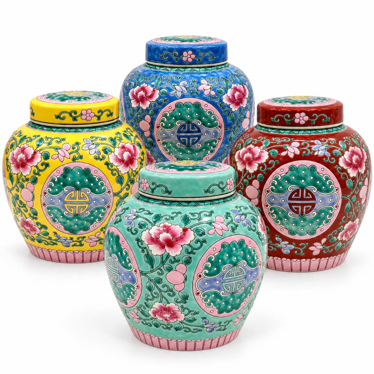 Blossom Love Ceramic Ginger Jar range in turquoise, yellow, blue and red on a white background