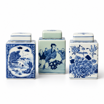 Blue & White Ceramic Square Ginger Jar — range of available designs together on a white background