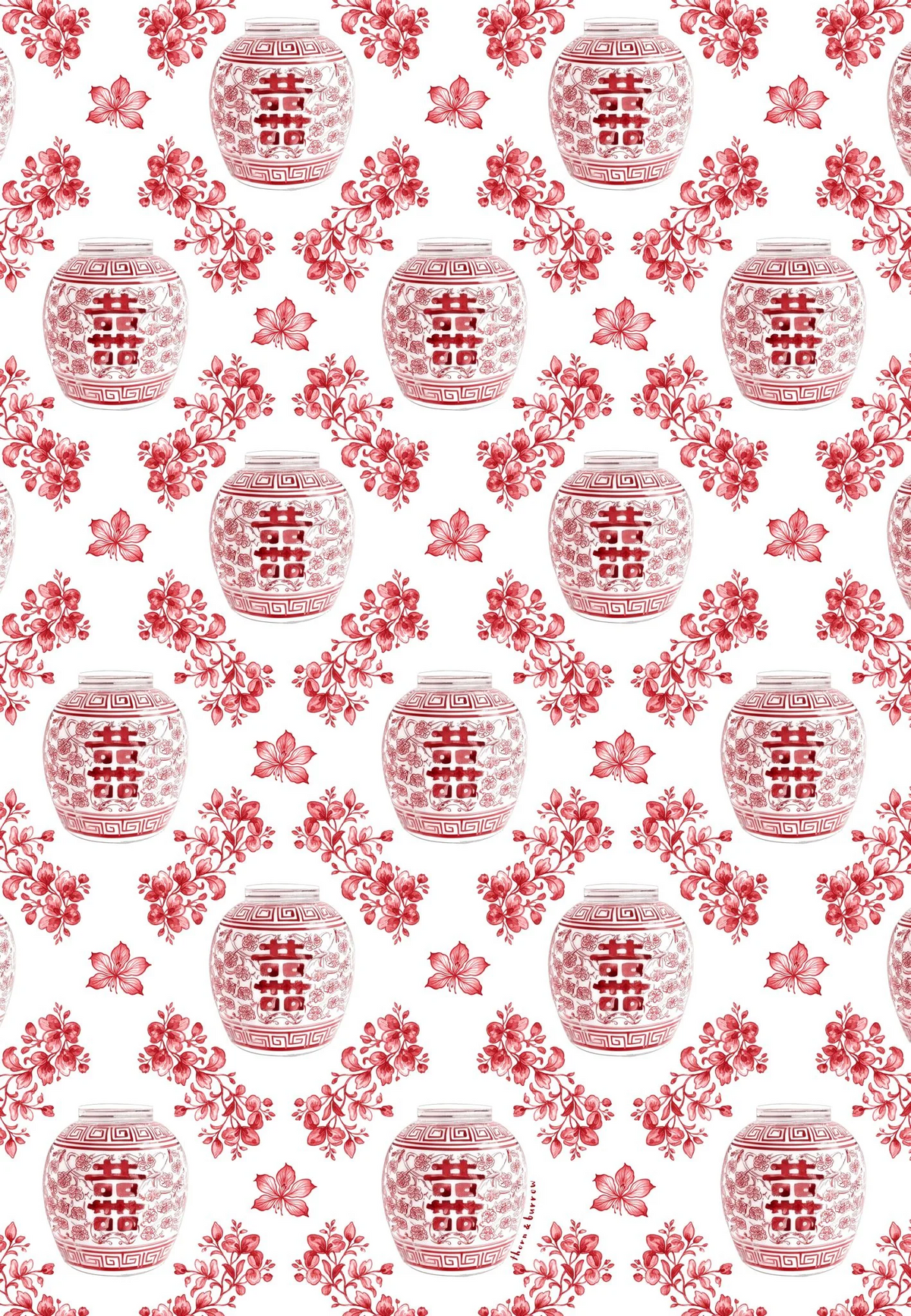 Red Ginger Jar fabric pattern detail with double happiness jars and flowers on white