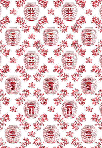 Red Ginger Jar fabric pattern detail with double happiness jars and flowers on white