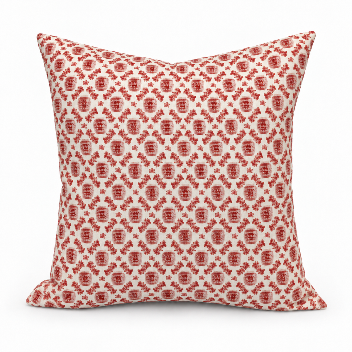 red ginger jar cushion cover on a white background
