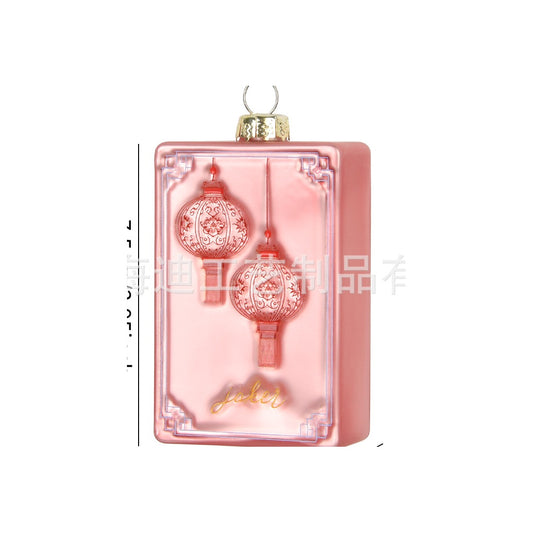 Mahjong Pink Lanterns hand-painted glass hanging ornament