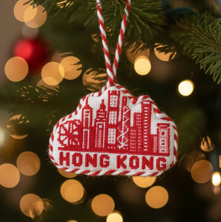 Hong Kong Skyline Candy Cane Needlepoint Ornament