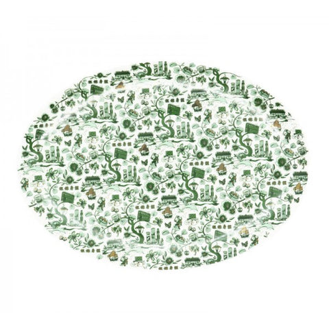 New HK Toile Oval Platter - Green & Gold