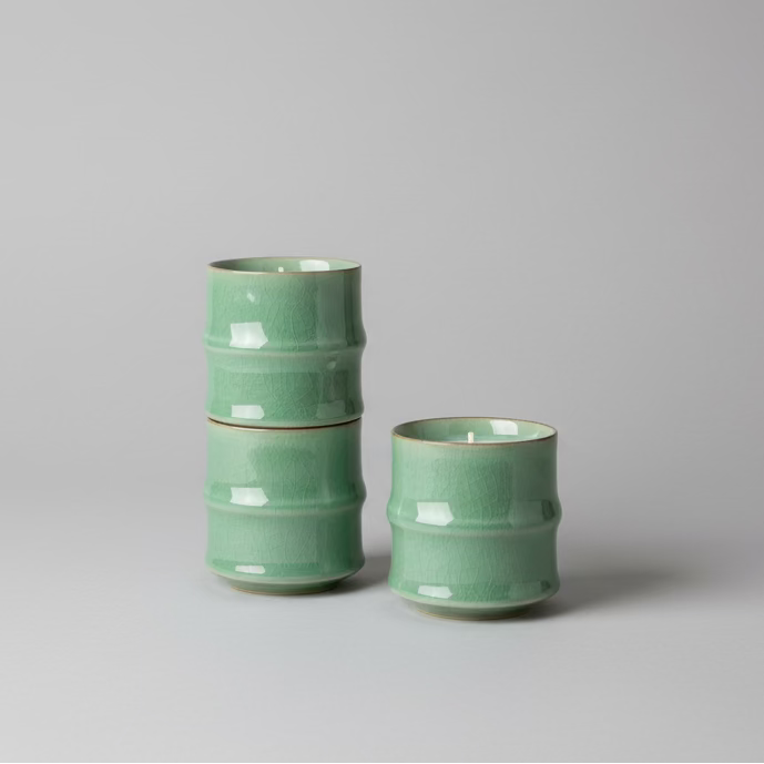 Craquelure Celadon Bamboo Tea Cup with Candle