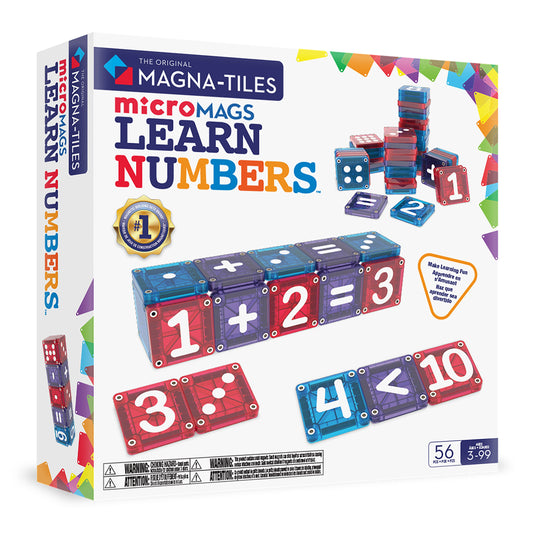 Front view of MAGNA-TILES microMAGS Learn Numbers set showcasing numbered magnetic tiles and arithmetic symbols in colorful packaging