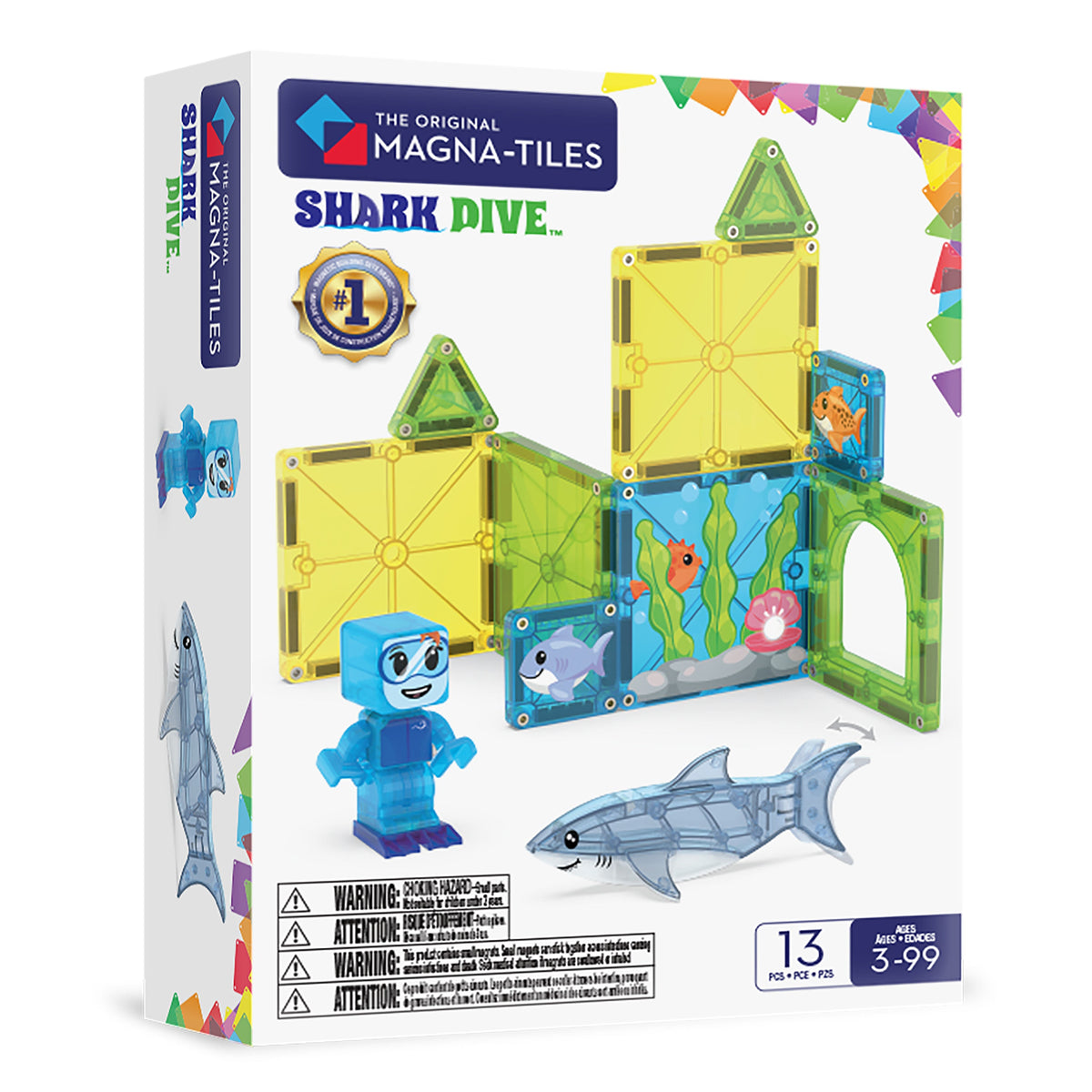 Front view of MAGNA-TILES Shark Dive set showcasing ocean-themed tiles, shark and diver figures with packaging