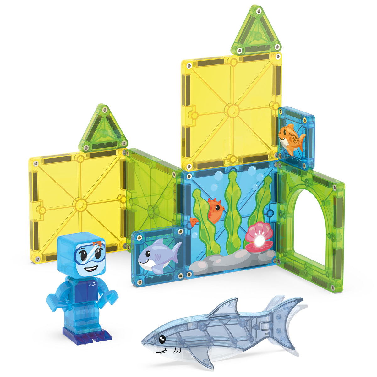Front view of Shark Dive 13-piece set showing colorful tiles, printed ocean panels, diver figure, and shark on white background