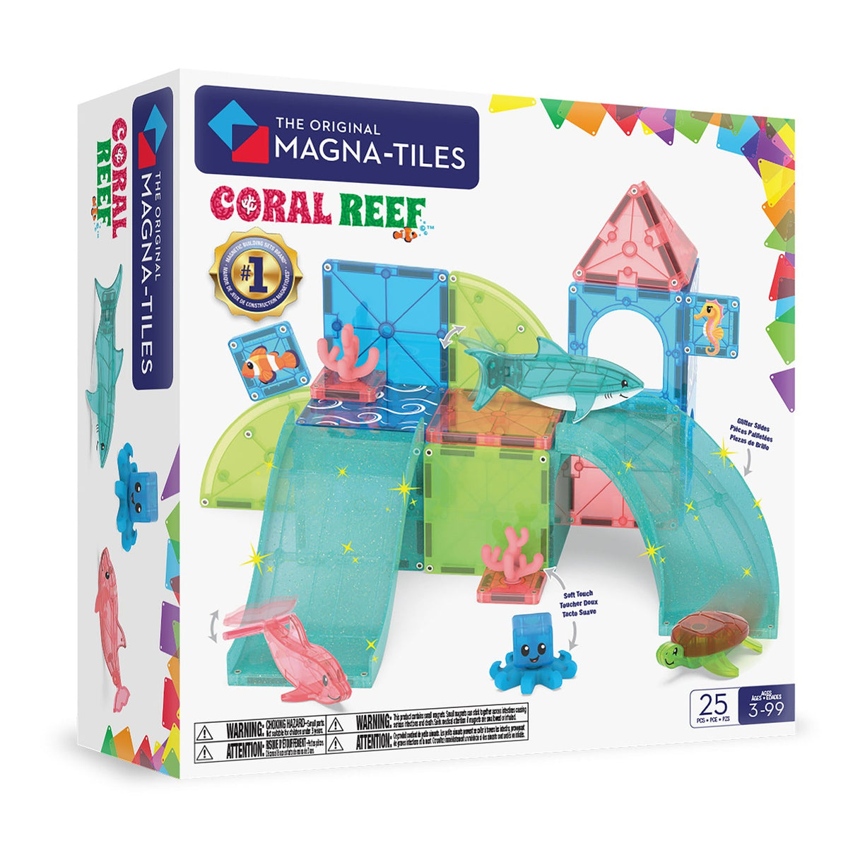 Front view of MAGNA TILES Coral Reef set with ocean themed tiles, sea animals, and glitter arches