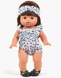 Babies – Lou retro romper and Thelma gray polka dot cotton headband set with pouch | for Minikane Gordis 34 & 37cm
