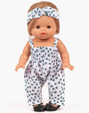 Babies – Bonnie jumpsuit and Thelma grey polka dot cotton headband set with pouch | for Minikane Gordis 34 & 37cm