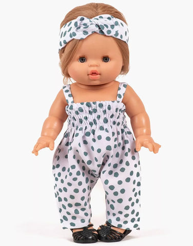 Babies – Bonnie jumpsuit and Thelma grey polka dot cotton headband set with pouch | for Minikane Gordis 34 & 37cm