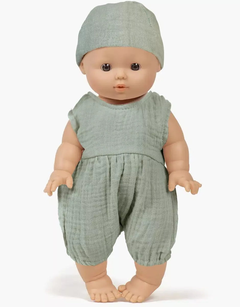 Minikane Louis and his Noa romper in Baltic green cotton gauze with hat,  Vintage 34cm Gordis doll