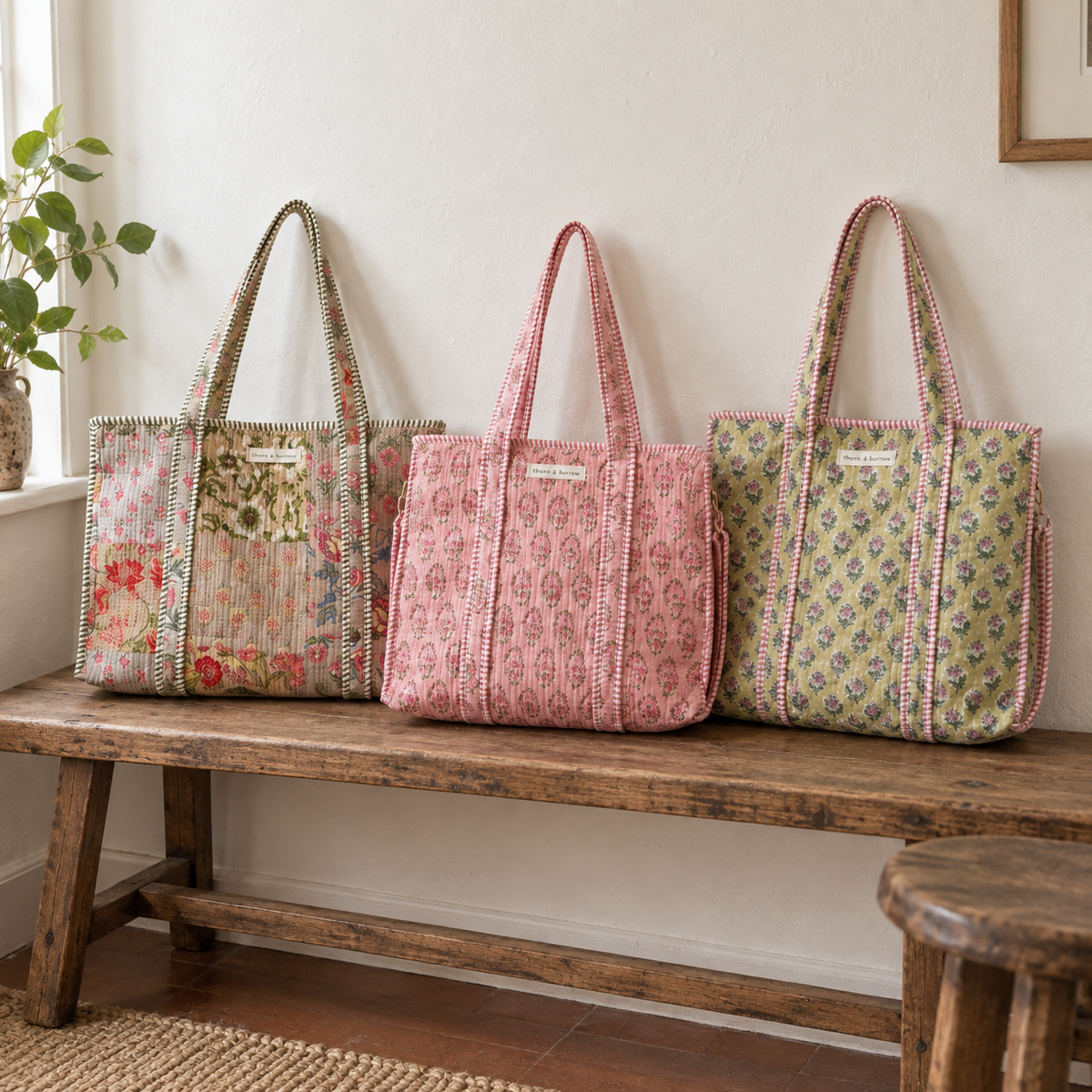 Everyday Large Tote: selected original Pattern Edit designs grouped in a natural Hong Kong home setting