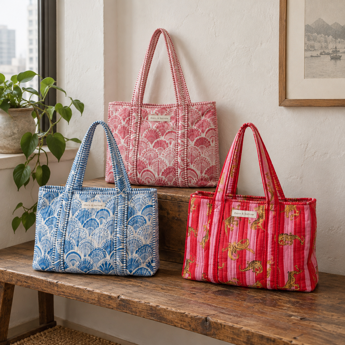 Everyday Medium Tote: selected original Pattern Edit designs grouped in a natural Hong Kong home setting