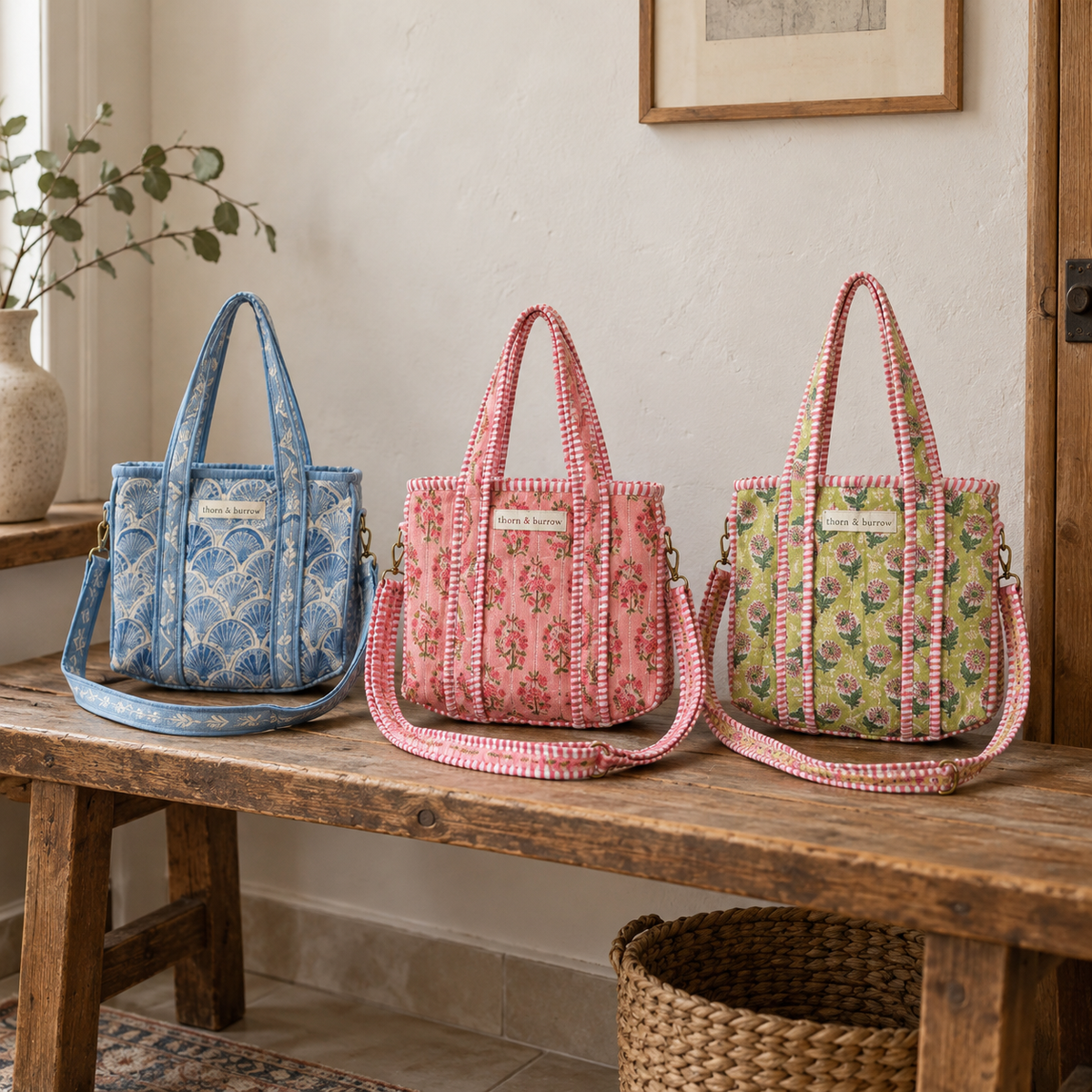 Everyday Mini Tote: selected original Pattern Edit designs grouped in a natural Hong Kong home setting