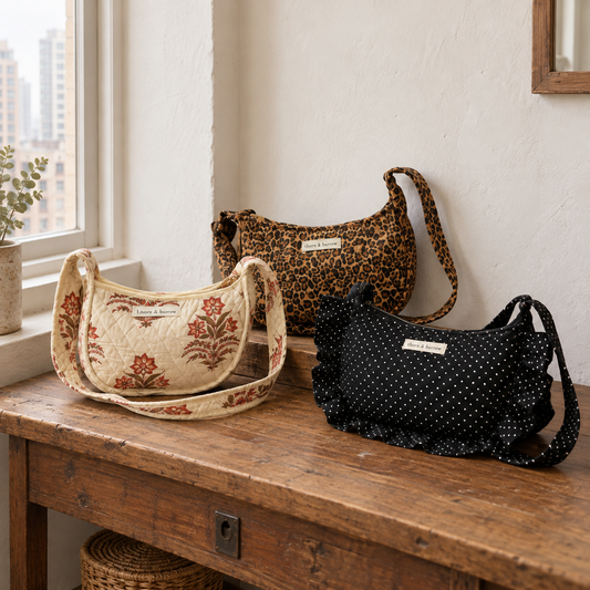 Everywhere Shoulder Bag: selected original Pattern Edit designs grouped in a natural Hong Kong home setting