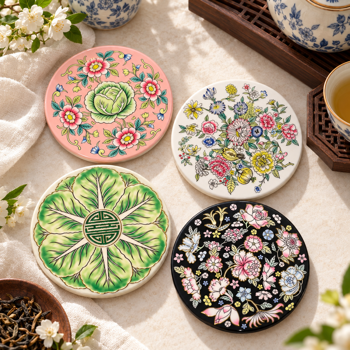 Four Porcelain Garden glossy ceramic coasters with gold details arranged on a tea table