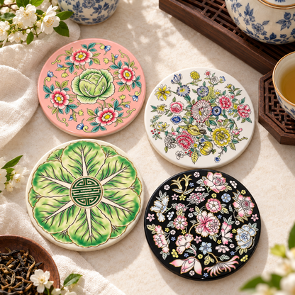 Four Porcelain Garden glossy ceramic coasters with gold details arranged on a tea table