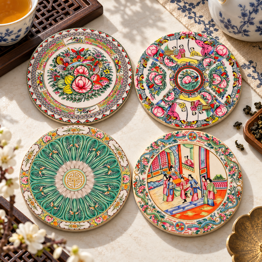 Four Porcelain Stories glossy ceramic coasters with gold details arranged on a tea table