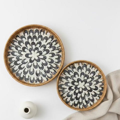 Round Woven Rattan and Capiz Shell Serving Tray - Thorn and Burrow