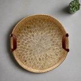 Shell Inlay Woven Rattan Round Serving Tray with Handles