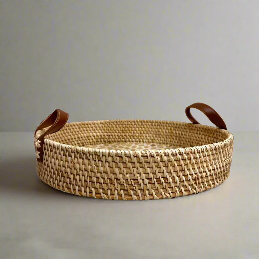 Shell Inlay Woven Rattan Round Serving Tray with Handles