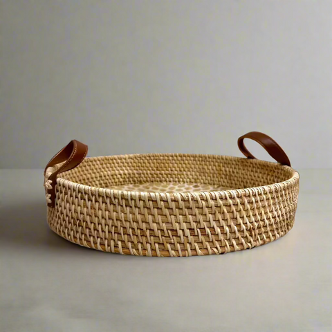 Shell Inlay Woven Rattan Round Serving Tray with Handles