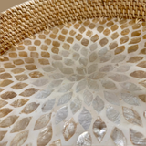 Shell Inlay Woven Rattan Round Serving Tray with Handles
