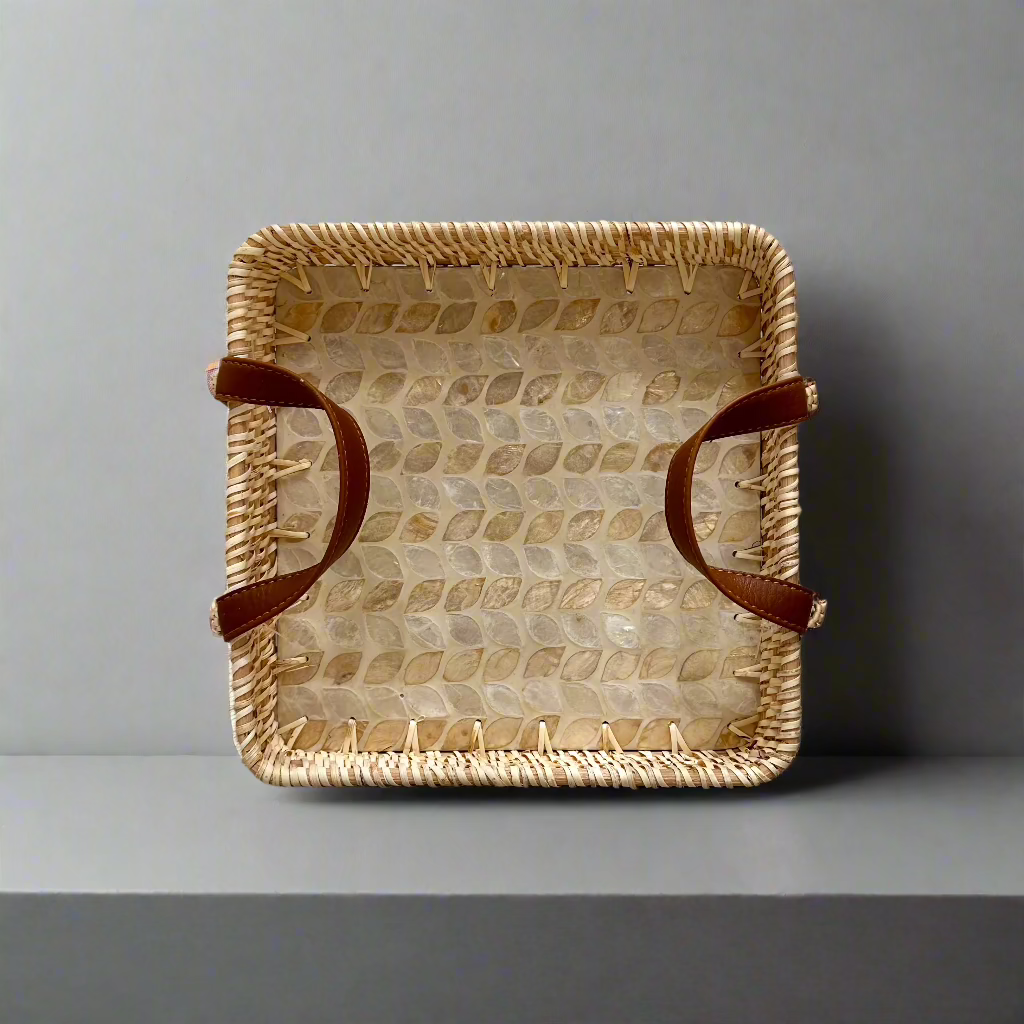 Shell Inlay Woven Rattan Square Serving Tray with Handles